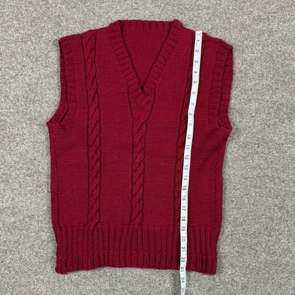 Vintage Hand Knit Maroon Cable-knit V-Neck Sweater Vest Women’s S/M Preppy Retro - Picture 3 of 6